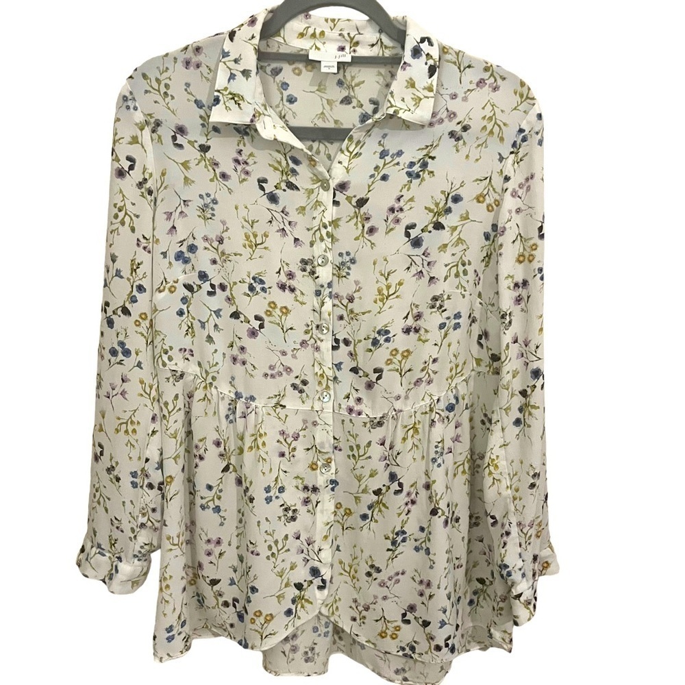 J. Jill long sleeve white floral button down peplum top size S